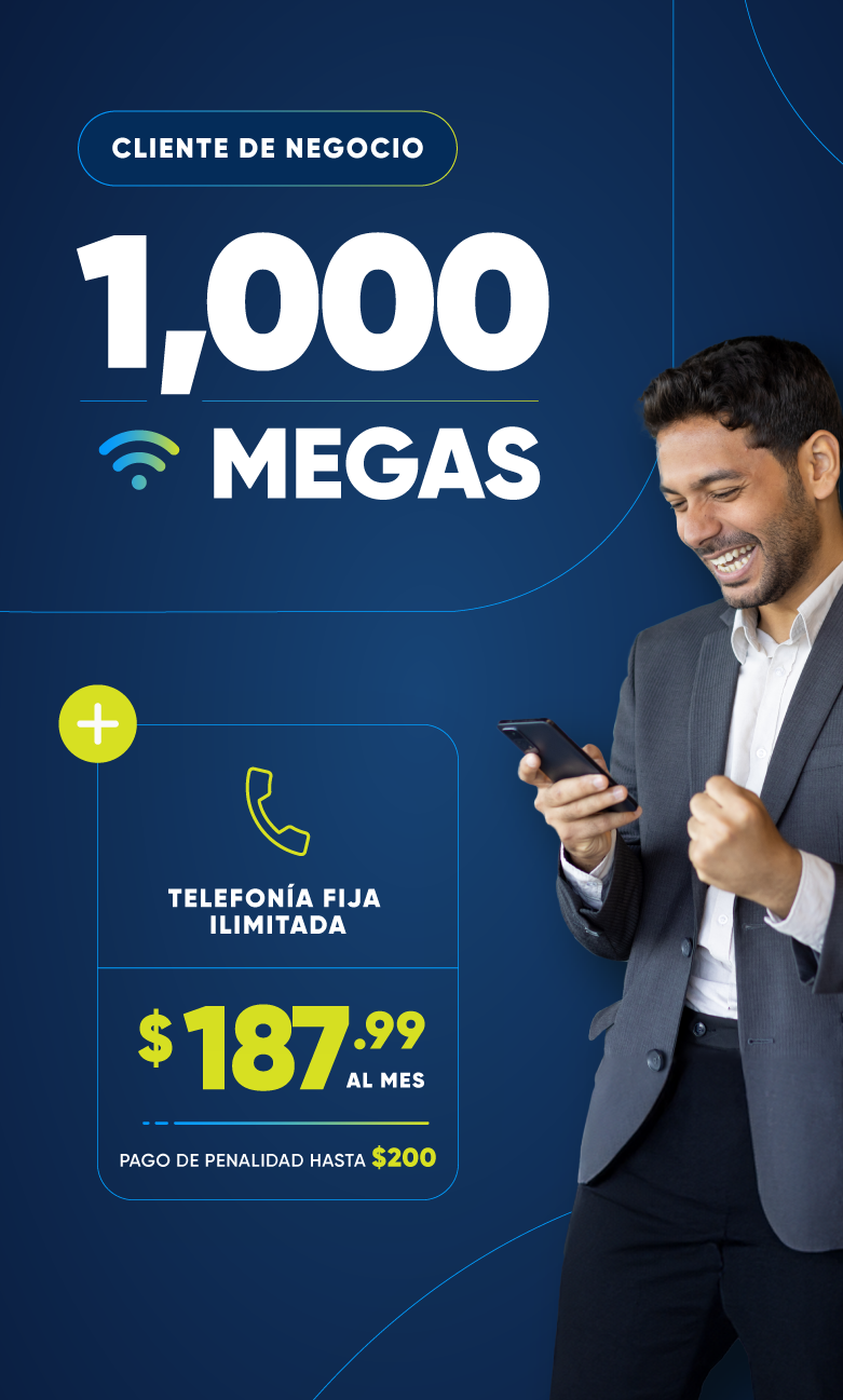 Impulsa la conectividad de tu negocio con Liberty Business. Por solo $187.99 al mes, tendrás 1,000 MEGAS de velocidad y telefonía fija sin límites.