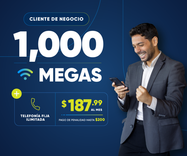 1,000 Megas + Telefonía Fija Ilimitada por $187.99 al mes