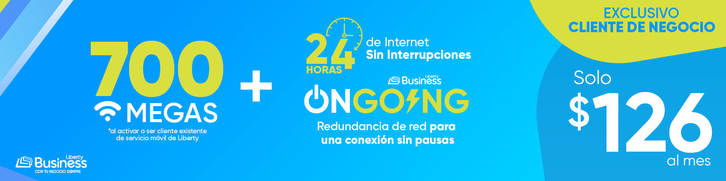 ¡Maximiza las operaciones de tu negocio con Liberty Business! Obtén internet de alta velocidad de 700 megas + 24 hs de Internet sin interrupciones de OnGoing, ¡por solo $126 al mes!