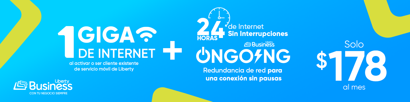 Impulsa la conectividad de tu negocio con Liberty Business. Por solo $178 al mes, tendrás 1,000 MEGAS de velocidad + 24 hs de Internet sin interrupciones de OnGoing. ¡Potencia la productividad de tu negocio hoy mismo con esta oferta exclusiva para clientes de negocio!