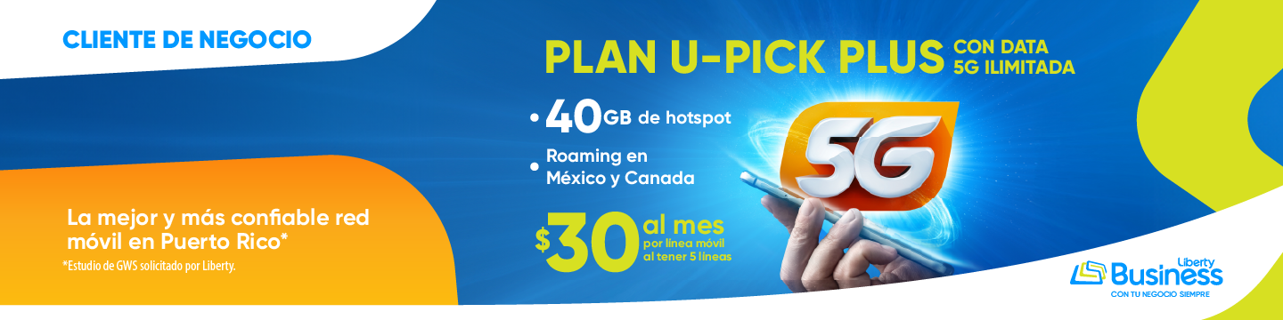 ¡Un plus ilimitado para tu negocio con Liberty Business! Por solo $30 al mes, al activar 5 líneas, tendrás 5G ilimitado + 40 GB hs de mobile Hotspot por línea + roaming en México y Canadá. ¡Obtén hoy mismo el plus que tu negocio necesita con esta oferta exclusiva para clientes de negocio!