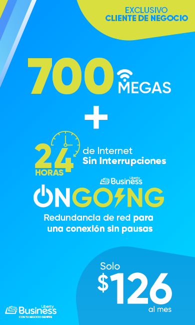 ¡Maximiza las operaciones de tu negocio con Liberty Business! Obtén internet de alta velocidad de 700 megas + 24 hs de Internet sin interrupciones de OnGoing, ¡por solo $126 al mes!