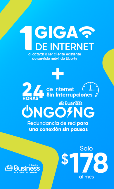 Impulsa la conectividad de tu negocio con Liberty Business. Por solo $178 al mes, tendrás 1,000 MEGAS de velocidad + 24 hs de Internet sin interrupciones de OnGoing. ¡Potencia la productividad de tu negocio hoy mismo con esta oferta exclusiva para clientes de negocio!