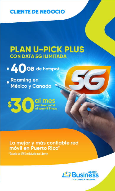 ¡Un plus ilimitado para tu negocio con Liberty Business! Por solo $30 al mes, al activar 5 líneas, tendrás 5G ilimitado + 40 GB hs de mobile Hotspot por línea + roaming en México y Canadá. ¡Obtén hoy mismo el plus que tu negocio necesita con esta oferta exclusiva para clientes de negocio!